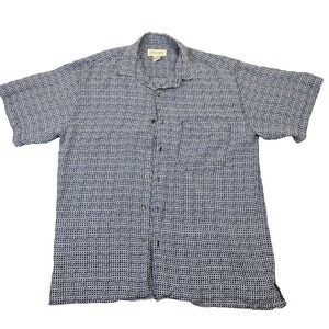 Jeffrey Banks 100% Silk Shirt Men's Large Blue White Geometric Print Button Up